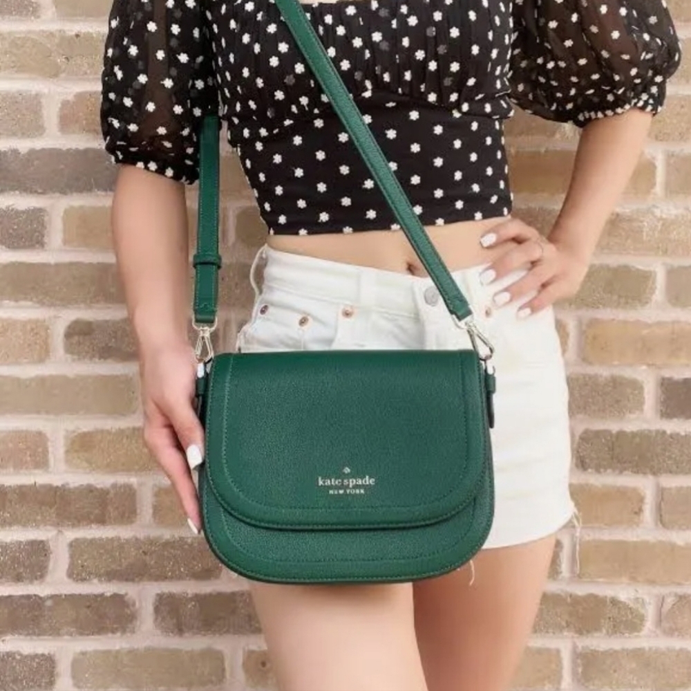 Kate Spade Blake Saddlebag Pebbled Leather Crossbody In Forest Green. Never Used - Picture 4 of 14